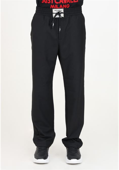 Black men's casual trousers with logoed fabric patch JUST CAVALLI | 77OAAR11CN018899